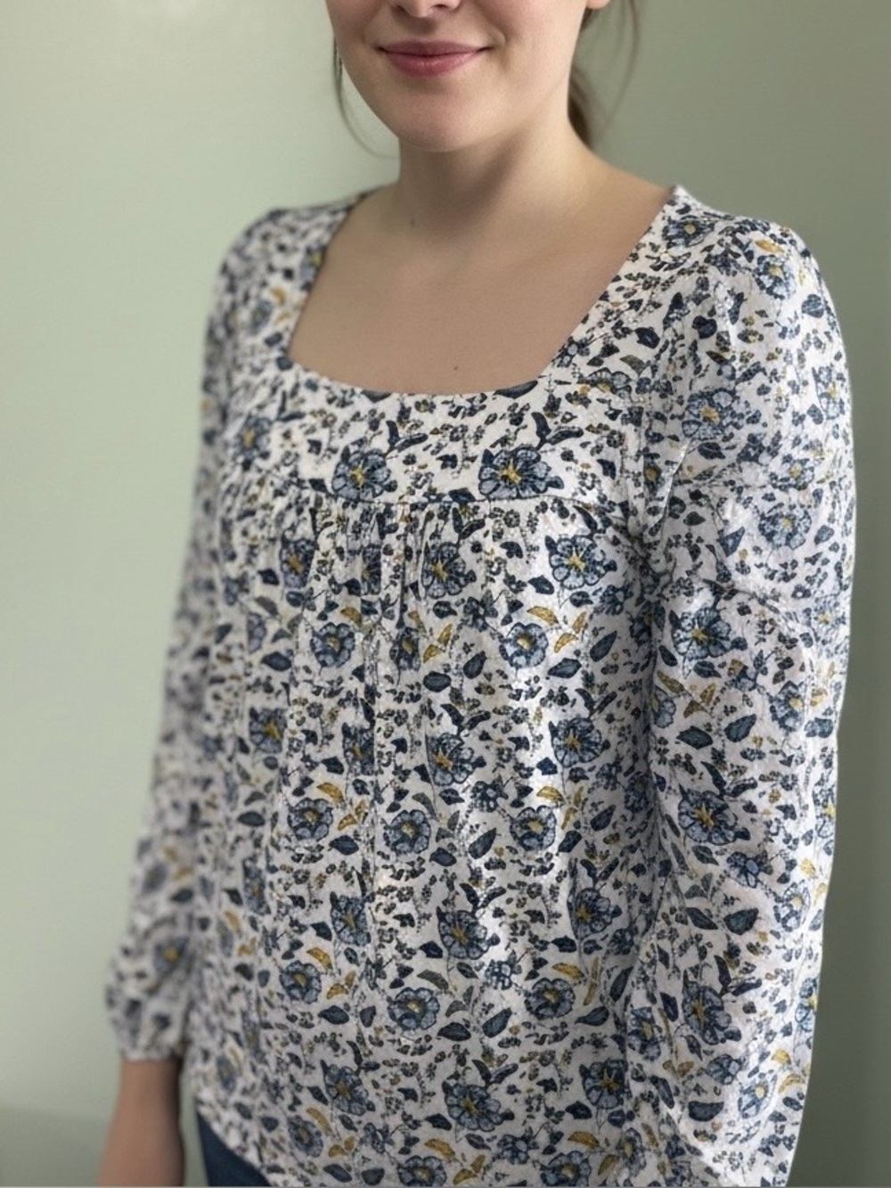 Lucky Brand White Top with Blue & Yellow Floral Trim Cotton/Modal Size Medium